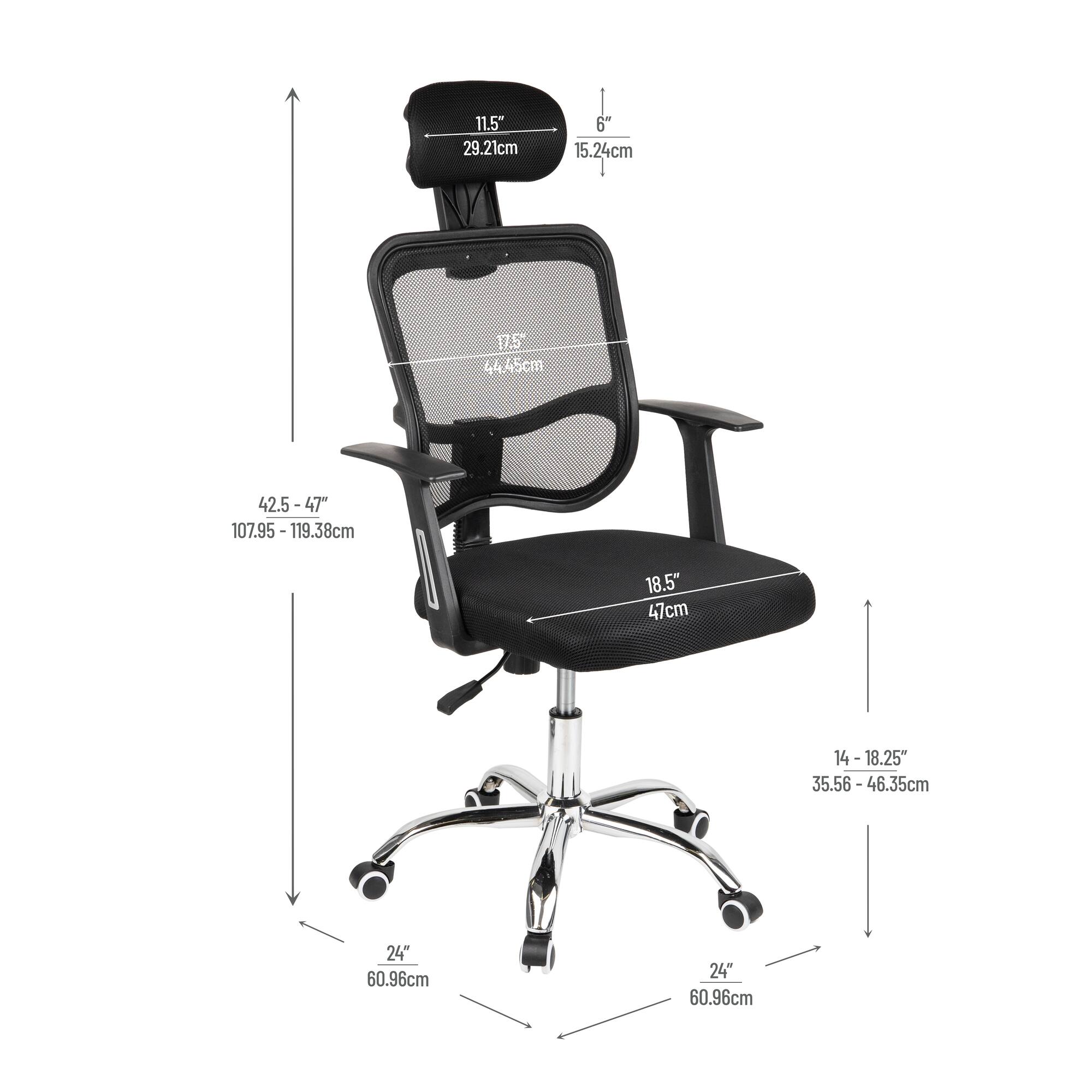 Mind Reader Office Chair with Wheels, Height Adjustable, Desk Chair, Office, 24"L x 24"W x 42.5-47"H, Black